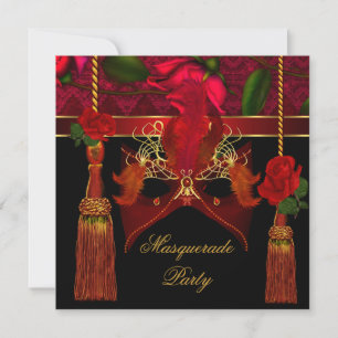 Maskerade Elegant Schwarz Rot Rose Gold Party Einladung