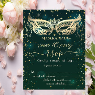 Maskerade Gold Diamanten Grün Sweet 16 Antwort Einladung