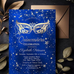 Maskerade, Goldene Sterne Blaue Quinceañera Einladung