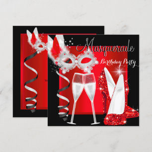Maskerade High Heels Rot Schwarz Champagner Party  Einladung