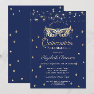 Maskerade, Lichterketten, goldene Sterne Quinceañ Einladung