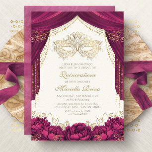 Maskerade-Maske Burgund Modern Quinceanera Einladung