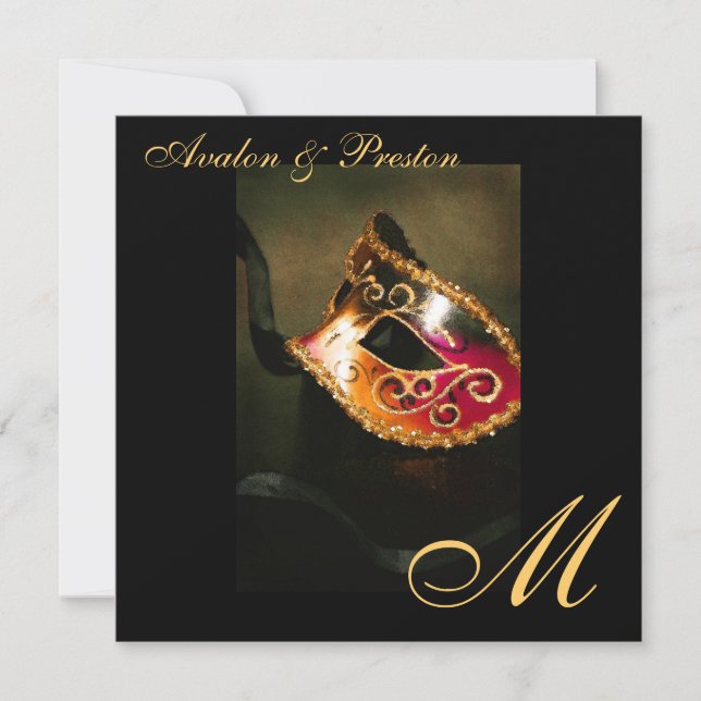 Maskerade-Masken-Goldmonogramm-Hochzeits-Einladung Einladung (Vorderseite)