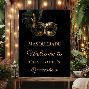 Maskerade schwarzes Gold Quinceanera Willkommen Poster