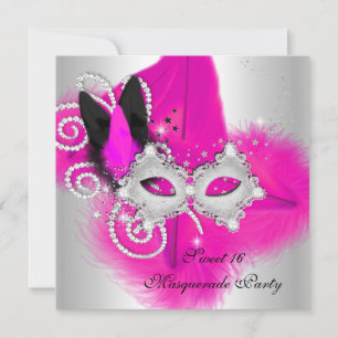 Maskerade Sweet 16 Hot Pink Schwarze Feder Maske Einladung