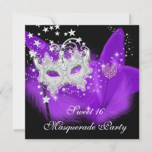 Maskerade Sweet 16 Lila Schwarze Feder Maske Einladung