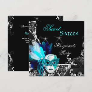 Maskerade Sweet 16 Maske Türkis Blau Schwarz Party Einladung