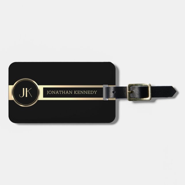 Maskuline Führungskraft Schwarz & Gold Monogramm Gepäckanhänger (Vorderseite horizontal)