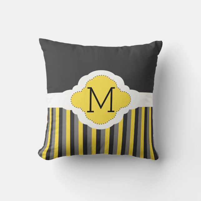 Maskuline Grau-gelbe Streifen Muster Monogramm Kissen (Vorderseite)