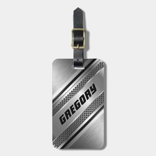 Maskuline Imitate Silver Stripes Design Monogrammi Gepäckanhänger (Vorderseite vertikal)