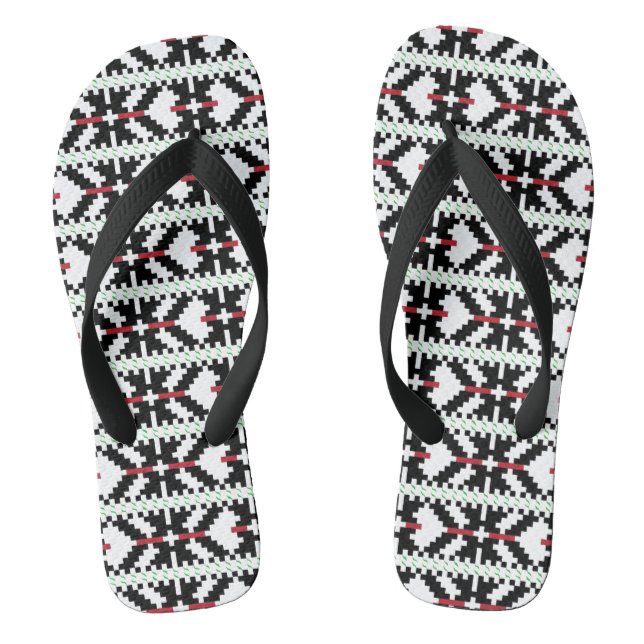 Maskuline Schwarz-Weiß lettische Stammeskunst Flip Flops (Fußbett)