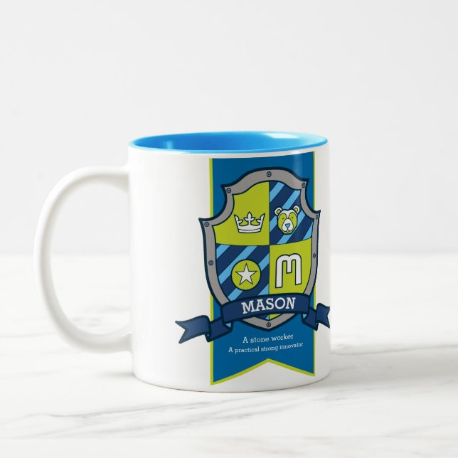 Mason Buchstabe M Wappen Blau grün tragen Name bed Zweifarbige Tasse (Links)
