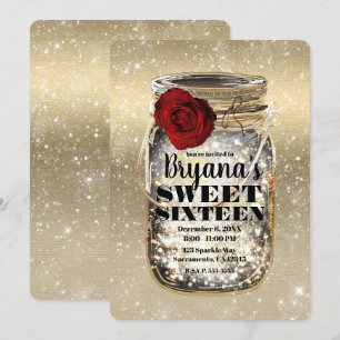 Mason Glas Lichterkette & Rote Rose Sweet 16 Einladung
