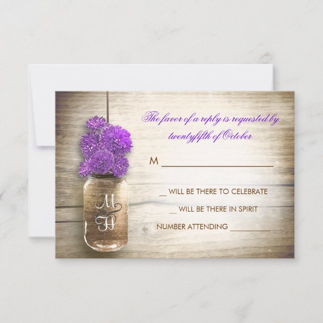 Mason Glas und violette Blumen Hochzeit RSVP Karte (Vorderseite)