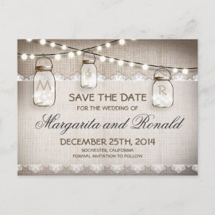 Mason Gläser und Jute-Spitze Save-the-Date-Karten Ankündigungspostkarte