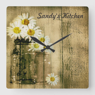 Mason Jar and Daisies Personalized Kitchen Clock Quadratische Wanduhr