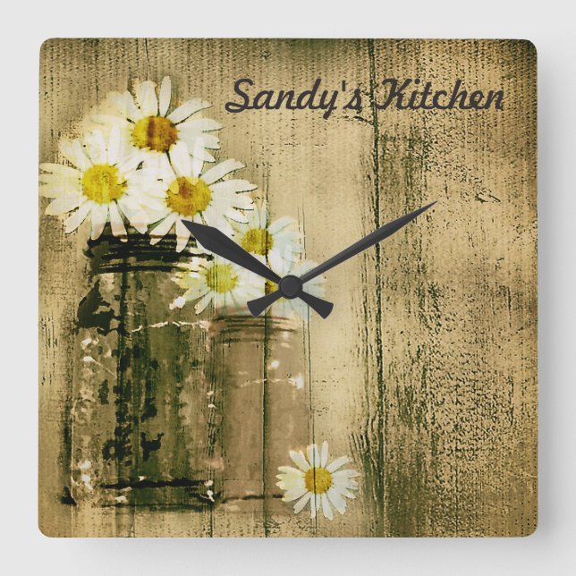 Mason Jar and Daisies Personalized Kitchen Clock Quadratische Wanduhr (Vorderseite)