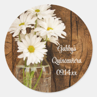 Mason Jar and White Daisies Quinceañera Favor Tag Runder Aufkleber
