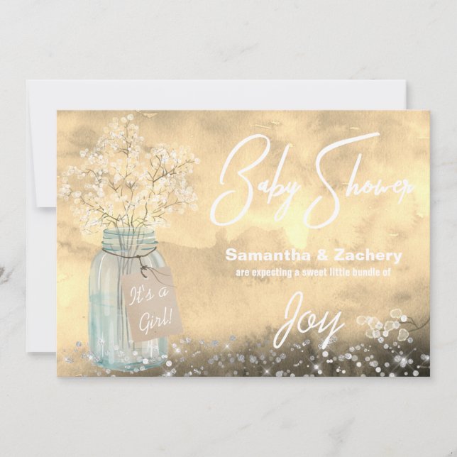 *~* Mason Jar Baby Breath Baby Dusche Rustikal Einladung (Vorderseite)