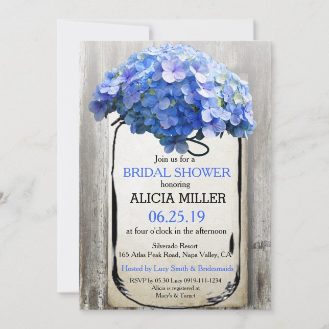 Mason Jar Barn Wood Blue Hydrangeas Brautparty Einladung (Vorderseite)