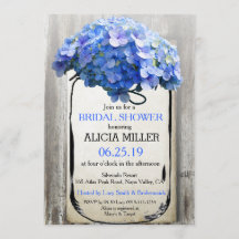 Mason Jar Barn Wood Blue Hydrangeas Brautparty