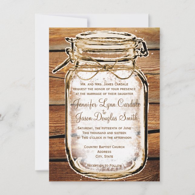 Mason Jar Barn Wood Rustic Wedding Einladungen (Vorderseite)