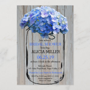 Mason Jar Barnwood Blue Hydrangeas Brautparty Einladung