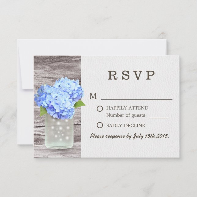 Mason Jar Blue Hydrangea Barn Wood Wedding RSVP (Vorderseite)
