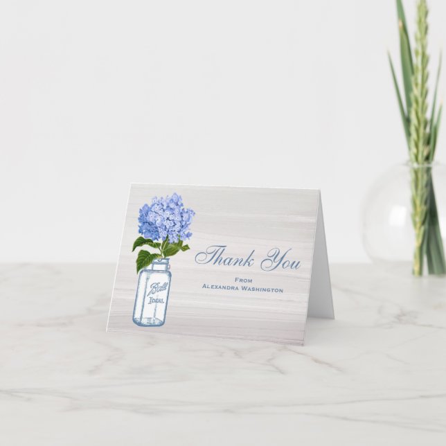 Mason Jar Blue Hydrangea Gray Vielen Dank Dankeskarte (Vorderseite)