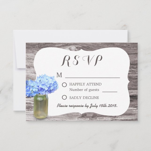 Mason Jar Blue Hydrangea Wood Wedding RSVP Karte (Vorderseite)