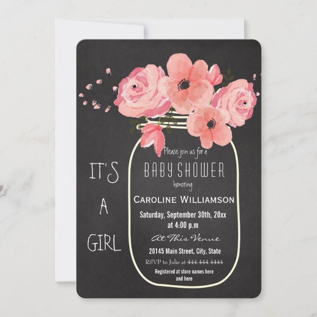 Mason Jar Blume Chalkboard Babydusche Einladung (Vorderseite)