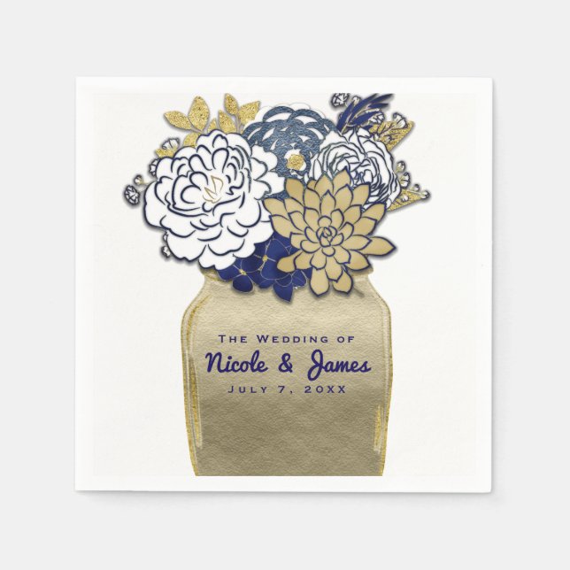 Mason Jar Blume Rustic Blue Gold Floral Bridal Serviette (Vorderseite)