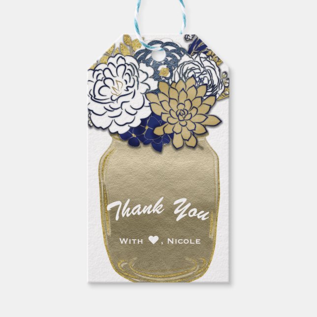 Mason Jar Blume Rustic Blue Gold Floral Chic Geschenkanhänger (Vorderseite)