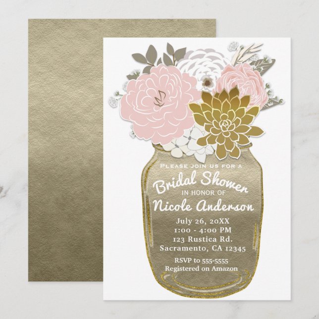 Mason Jar Blume Rustikales Blumenrosa und Goldene  Einladung (Vorne/Hinten)