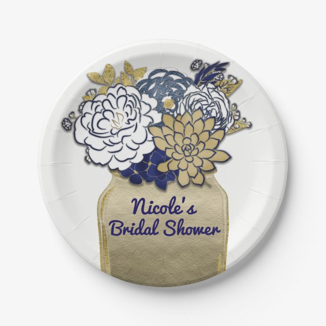 Mason Jar Blume Rustikales Blumenrosa und Goldene  Pappteller (Vorderseite)