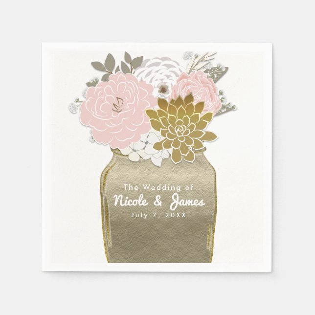 Mason Jar Blume Rustikales Blumenrosa und Goldene  Serviette (Vorderseite)