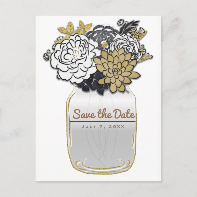Mason Jar Blume Rustikales Grau Gold Save the Date Ankündigungspostkarte (Vorderseite)