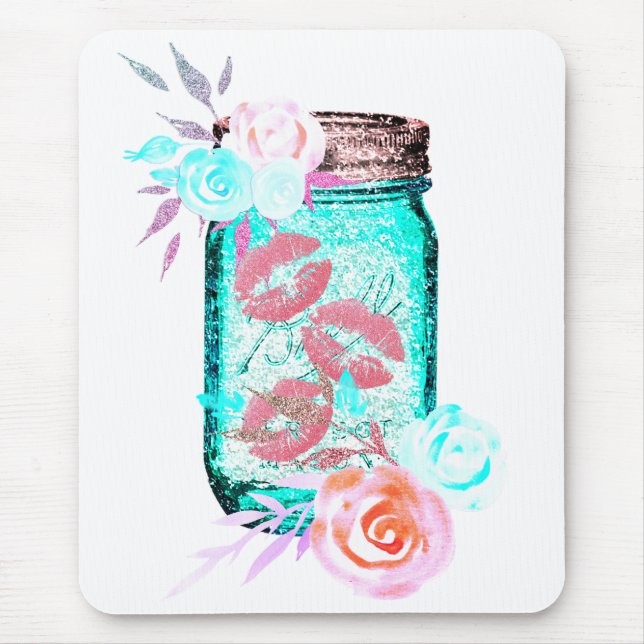 Mason jar Blume Schmetterling Kuss niedliche rosa  Mousepad (Vorne)