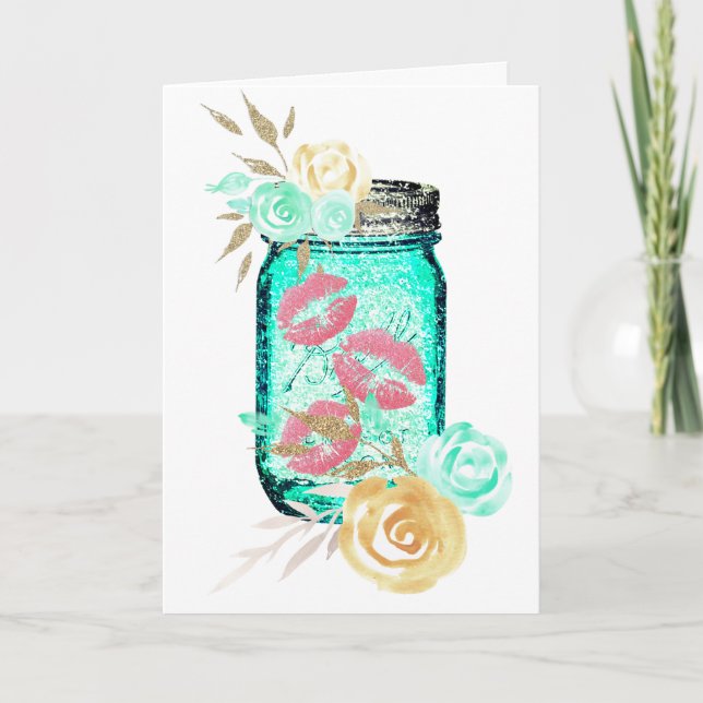 Mason Jar Blume und Schmetterling küssen niedlich  Karte (Vorderseite)