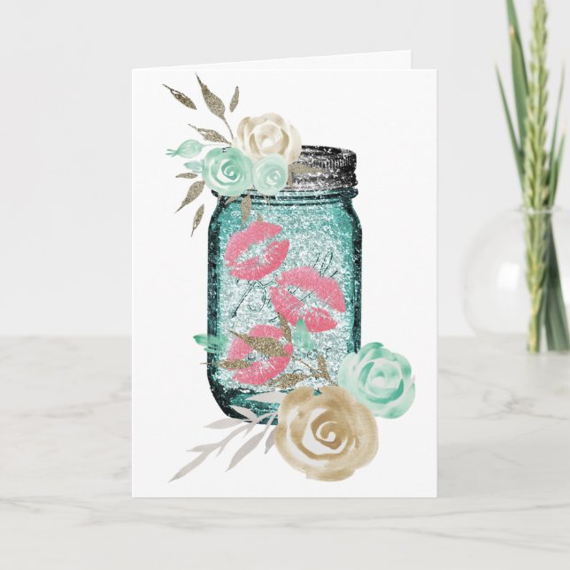Mason jar Blume und Schmetterlingsküsse niedlich Karte (Vorderseite)