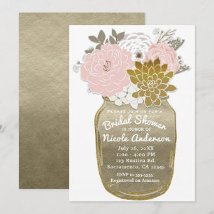 Mason Jar Blumen Rustikale Blumen Pink & Gold Chic Einladung