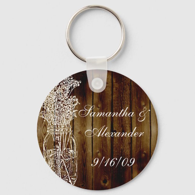 Mason Jar Briefmarke auf dem dunklen Holzplaner Schlüsselanhänger (Vorderseite)