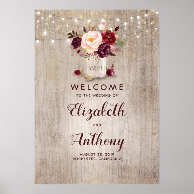 Mason Jar Burgundy Floral Wedding Begrüßungszeiche Poster (Vorne)