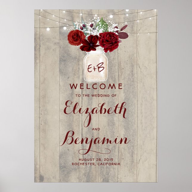 Mason Jar Burgundy Mariage Floral Affiche de bienv (Devant)