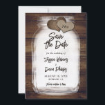 Mason Jar Burlap Hearts Monogram Wedding Save The Date<br><div class="desc">Rustic mason jar wedding save the date card featuring a mason jar and burlap hearts with monograms against a barn wood background. Easily personalize this save the date online. Matching items available to complement this romantic rustic wedding save the date card.</div>