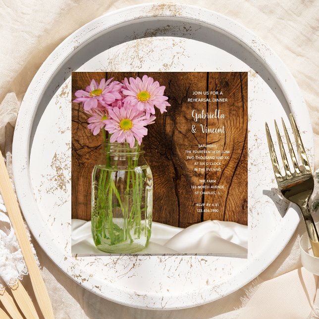 Mason Jar Daisies Country Wedding Probe Dinner Einladung (Von Creator hochgeladen)