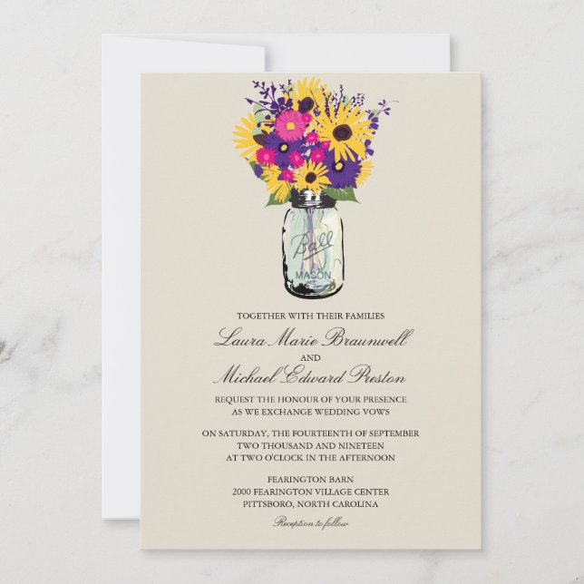 Mason Jar Daisies und Sonnenblumen Hochzeiten Einladung (Vorderseite)
