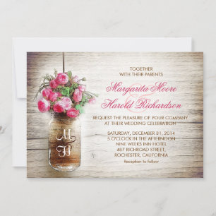 Mason Jar & dunkelrosa Blume Hochzeit lädt ein Einladung