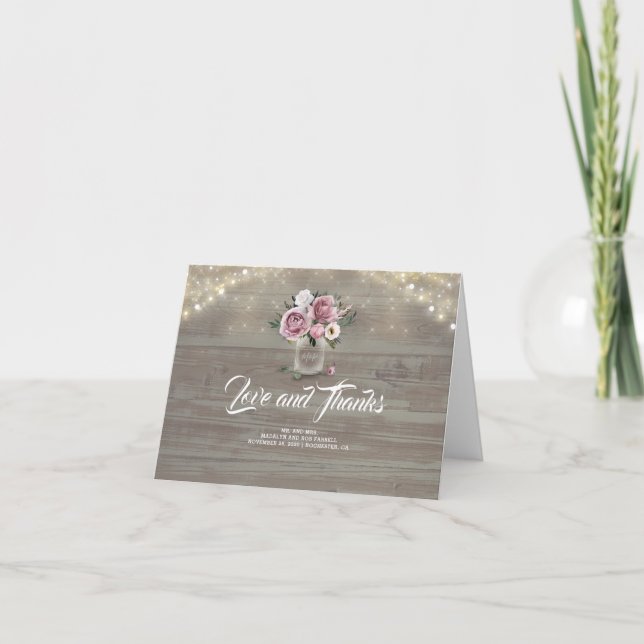 Mason Jar Dusty Rose Floral Wedding Vielen Dank Dankeskarte (Vorderseite)