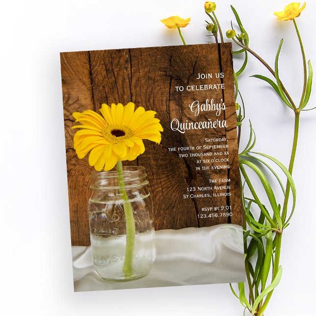 Mason Jar et Jaune Daisy Quinceañera Invitation (Créateur téléchargé)